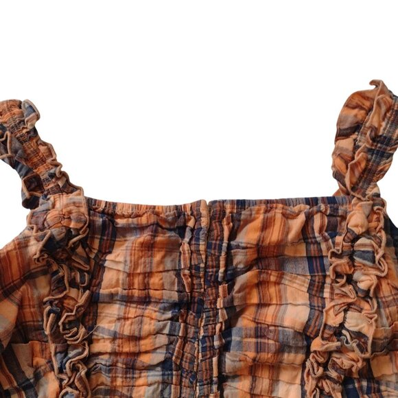 Anthropologie Verb Ruffled Plaid Top 2X Orange Navy Smocked Cotton Blouse - Picture 4 of 12